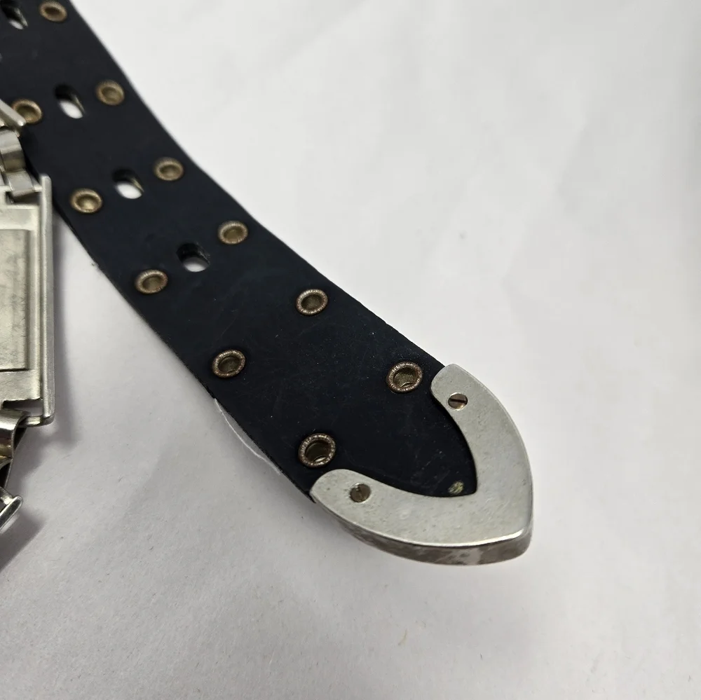 Black Leather Studded XL Mens Belt Linked Silver Tone 3d Green Marijuana Leafs